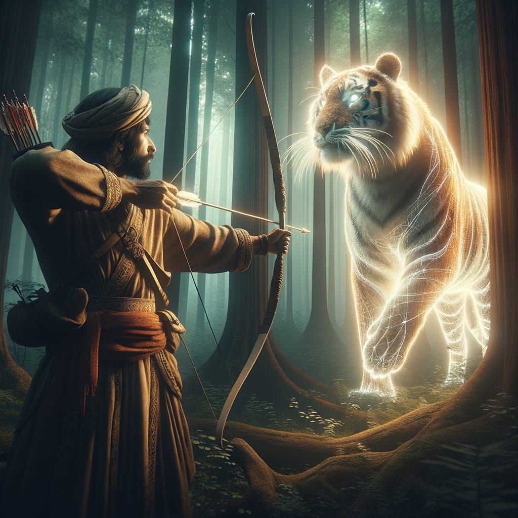 Surreal Hunter Stands Poised in Forest, Gazing at Glowing Ti...