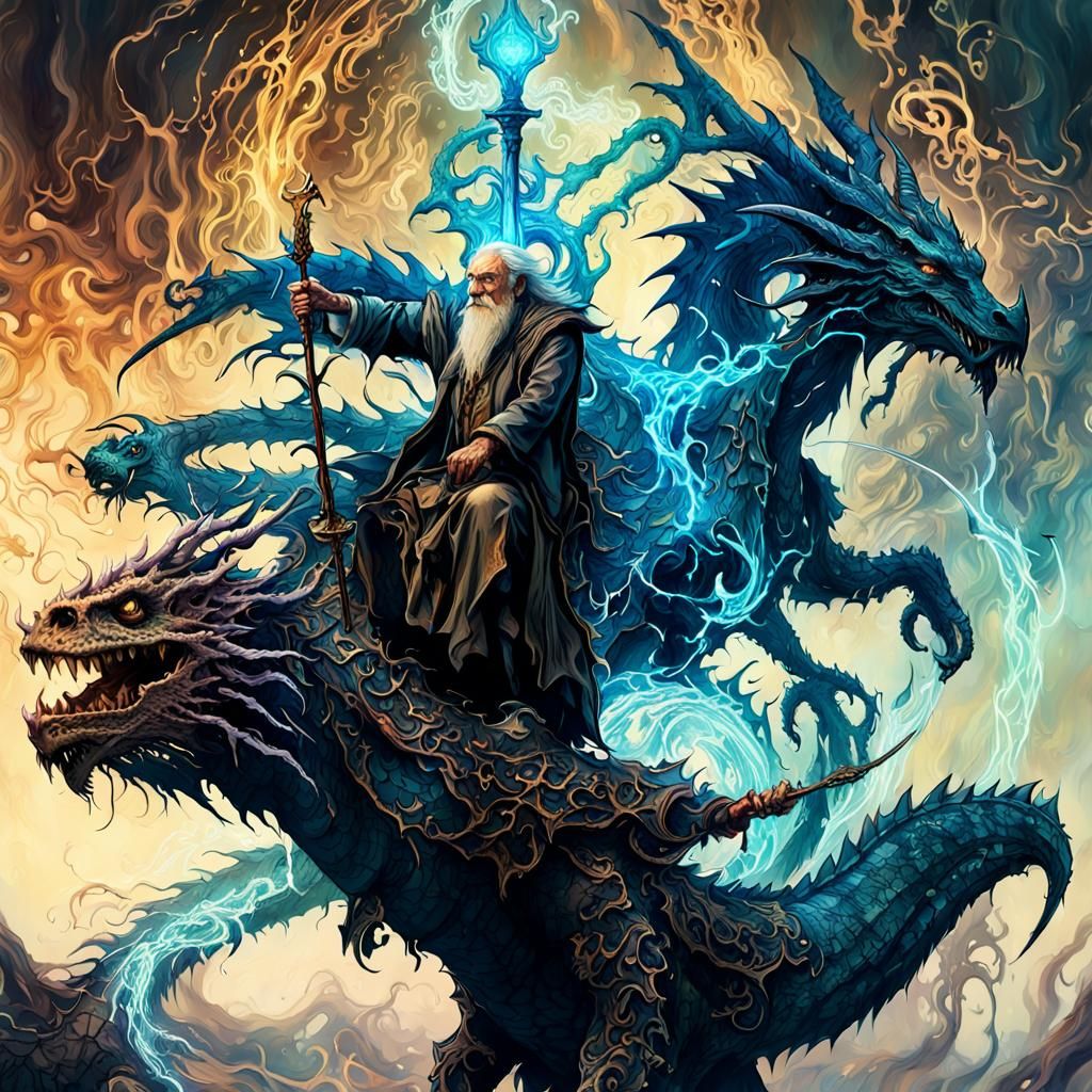 Sorcerer Riding Elemental Dragon in Digital Art Style