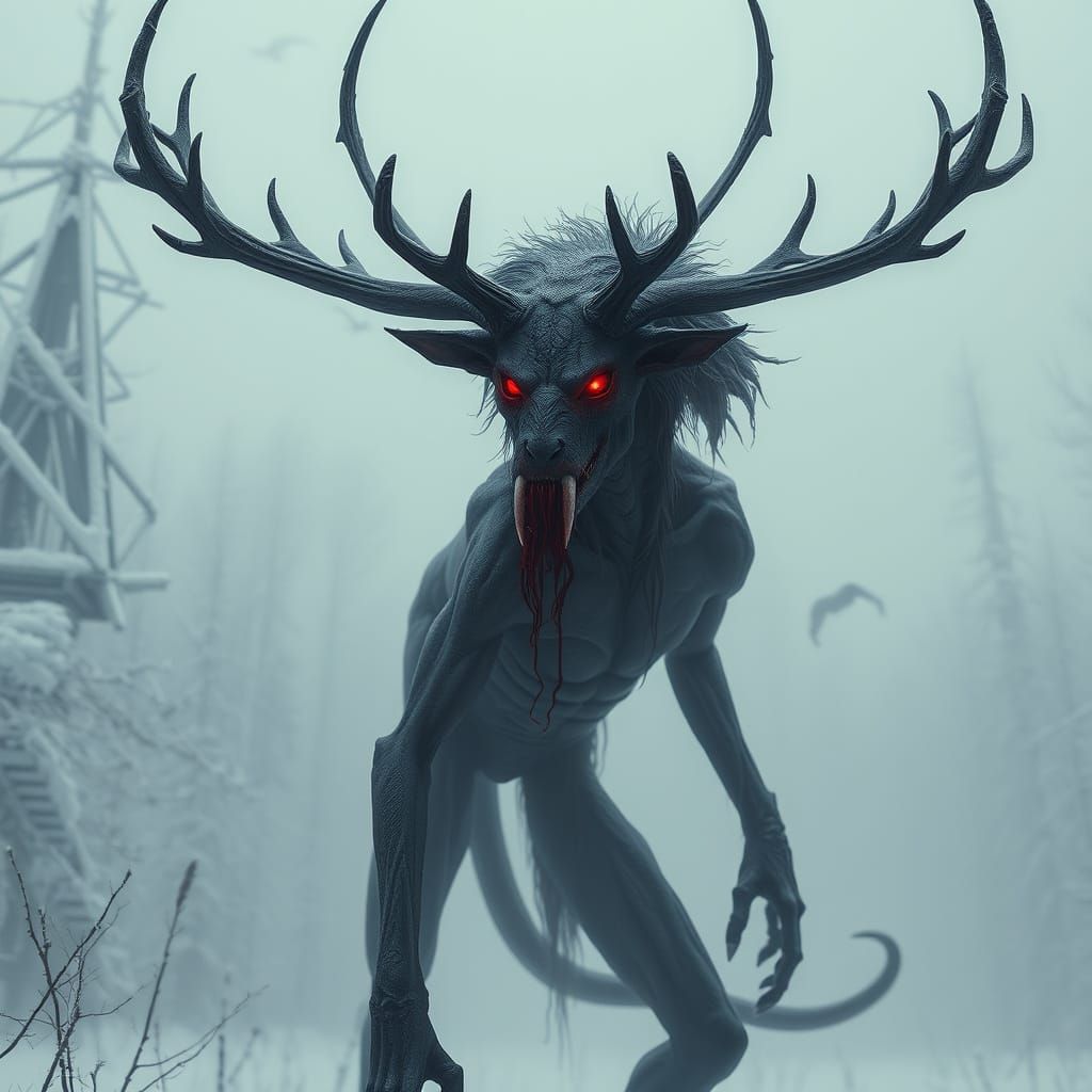 Eerie Wendigo-Chimera Hybrid in Snowy Forest