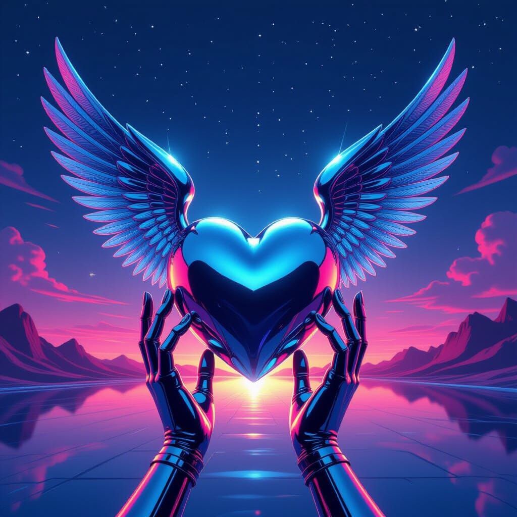 Chrome Heart Figure in a Psychedelic Neon Landscape