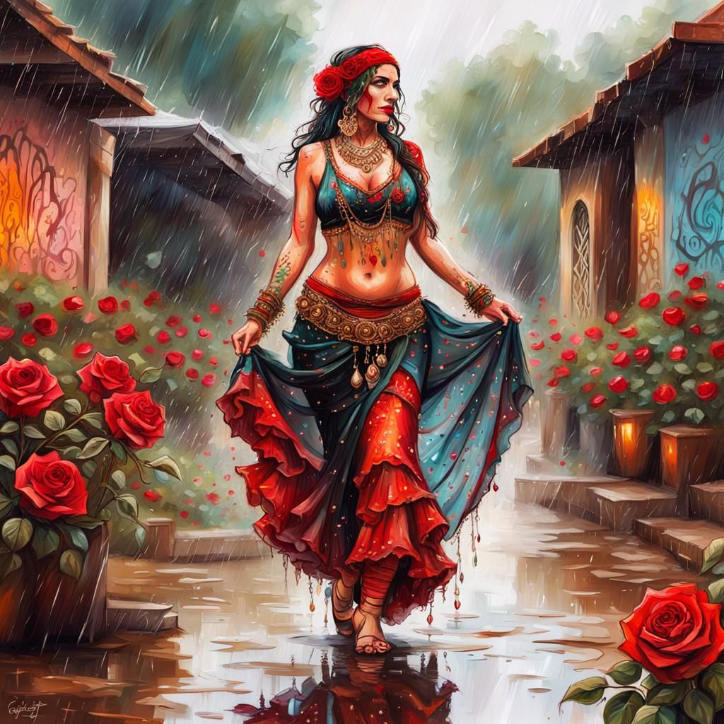 Gypsy Dancer in Rainy Rose Garden, as Graffiti Art