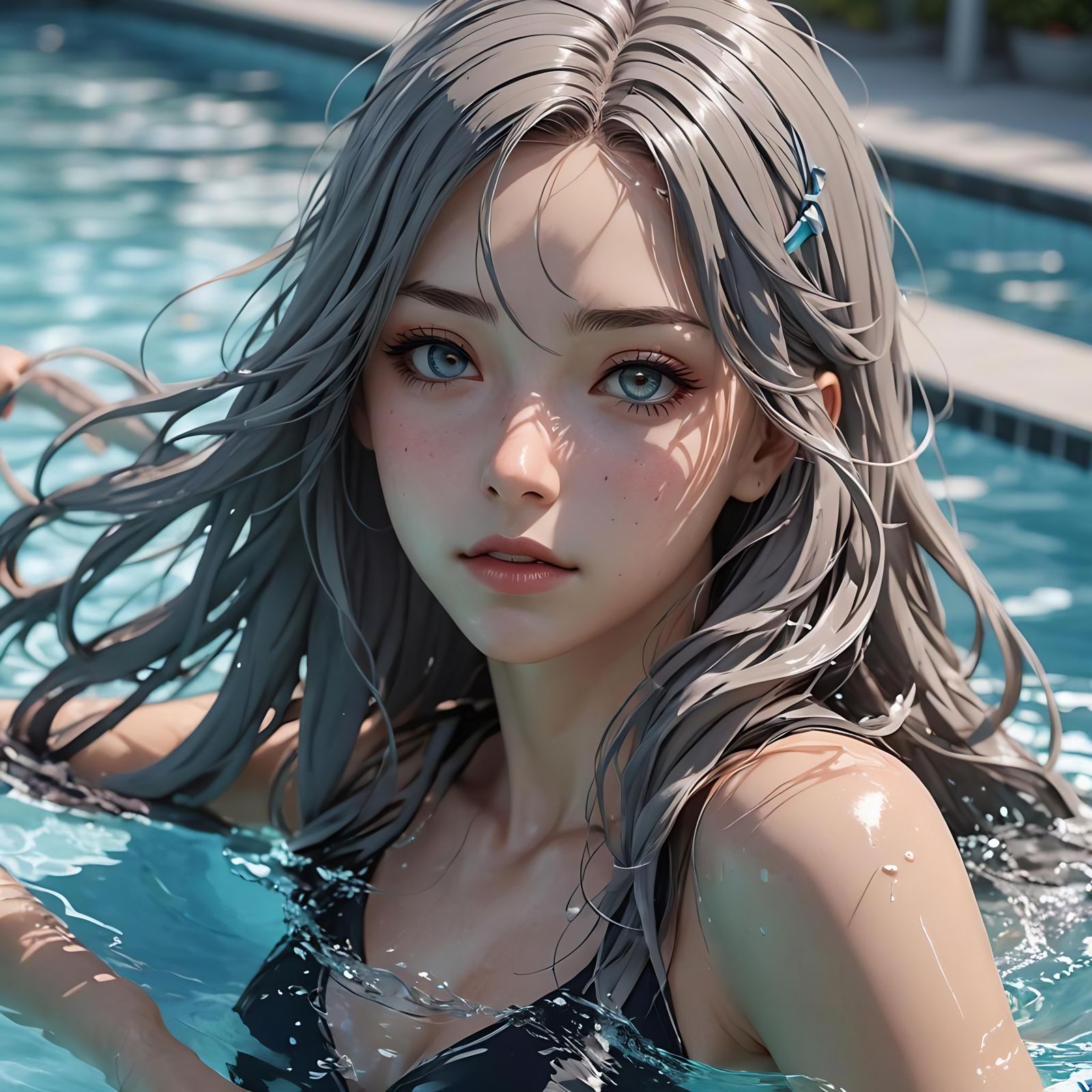 Anime Girl with Gray Hair at Pool