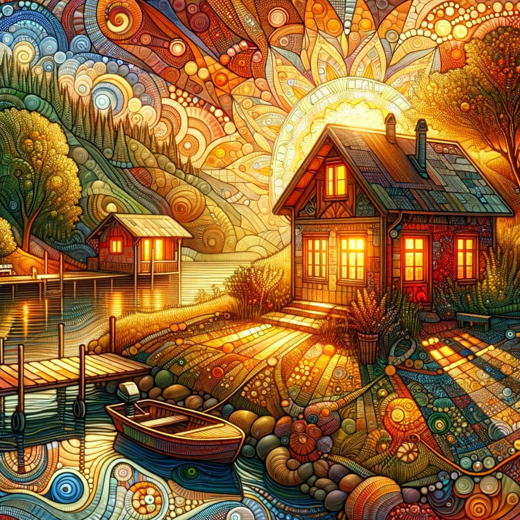 Cozy Cottage Scene with Vibrant Dock and Boat in Whimsical A...