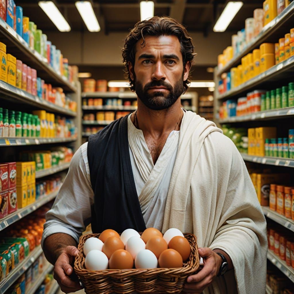 Mythological Hero Hercules in Modern Supermarket Setting