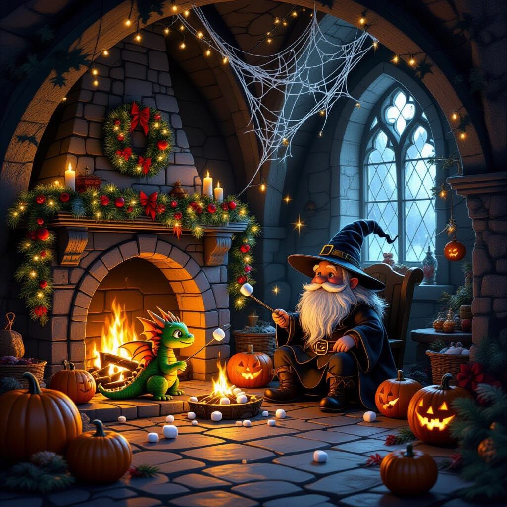 Cozy Crypt Halloween Christmas Scene with Dragon and Wizard