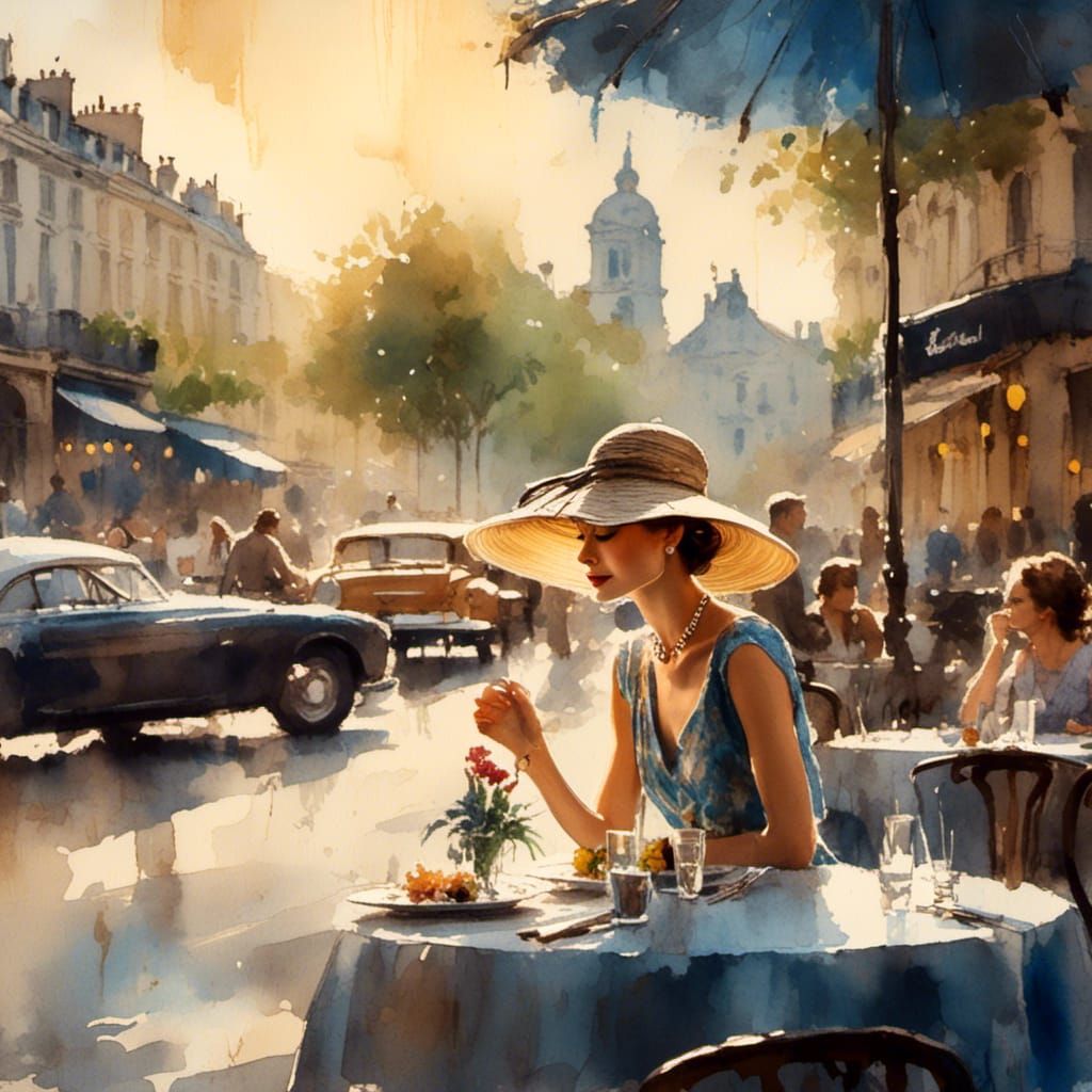 Audrey Hepburn at a Paris Cafe: Watercolor and Oil