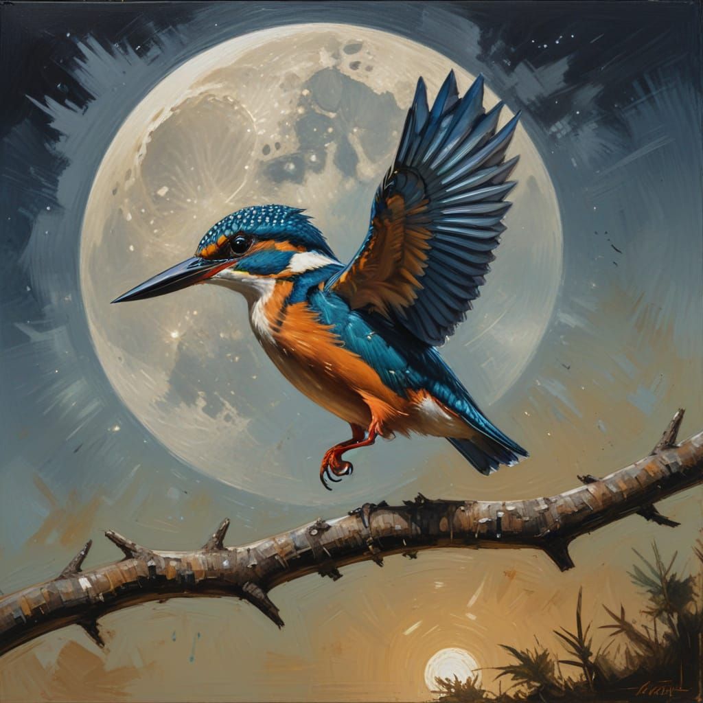 Painted Kingfisher Flying Towards the Moon