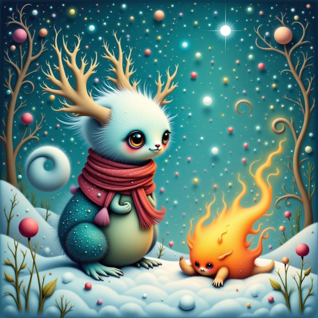 Fluffy Snowflake Creature Meets Flame Critter in Dreamy Scen...