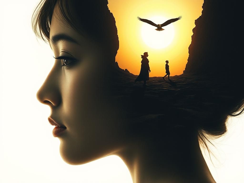 Dreamlike Woman's Profile with Golden Horizon