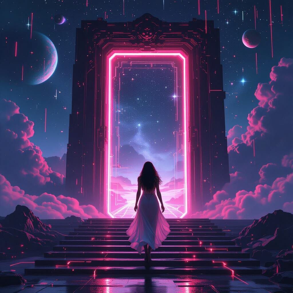 Cyberpunk Woman Ascends to Neon Doorway in Dystopian Future