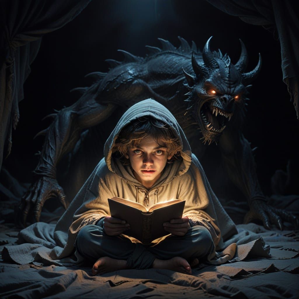 Child Reading Under Covers, Dark Fantasy Contrast