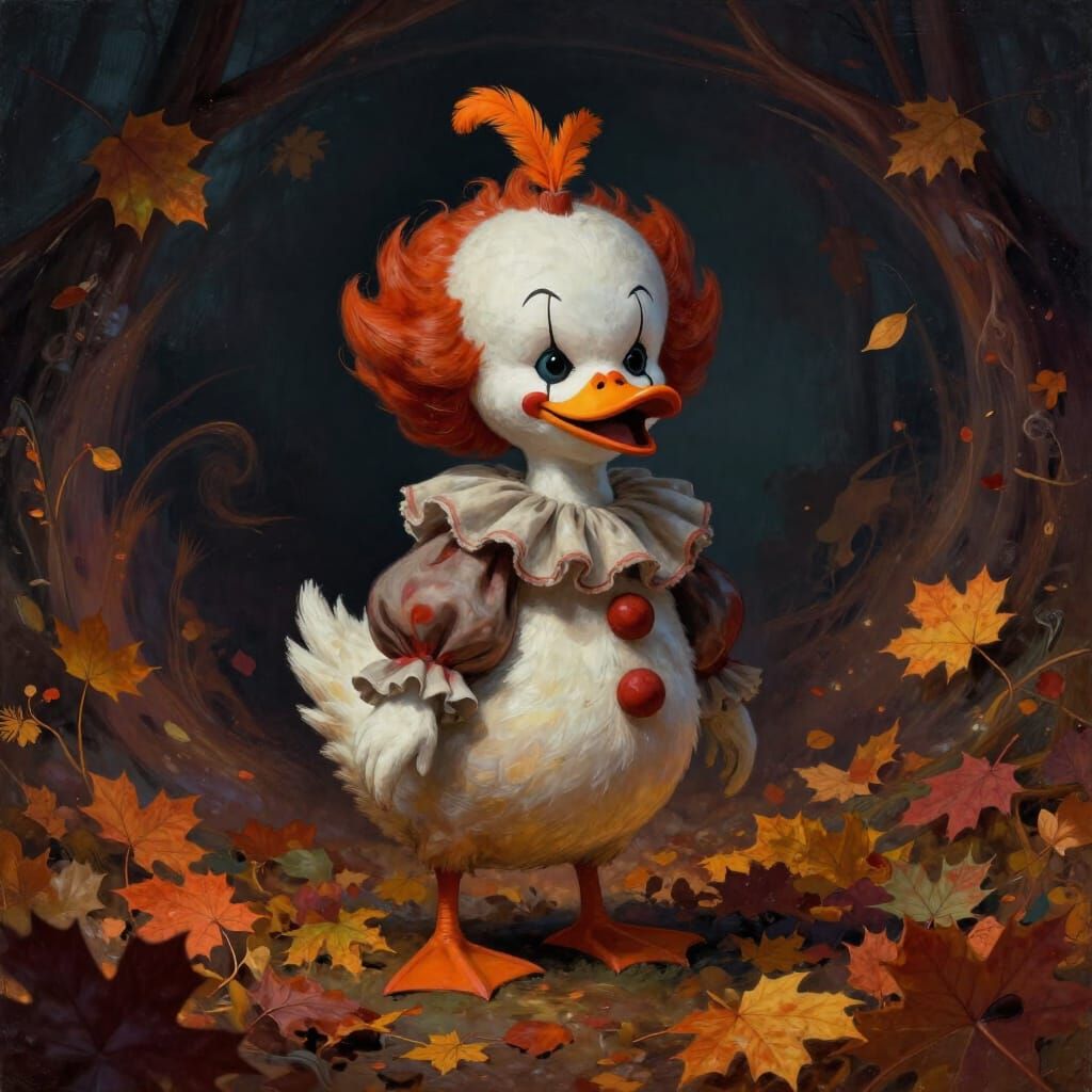Whimsical Duck Clown in Autumn Vortex