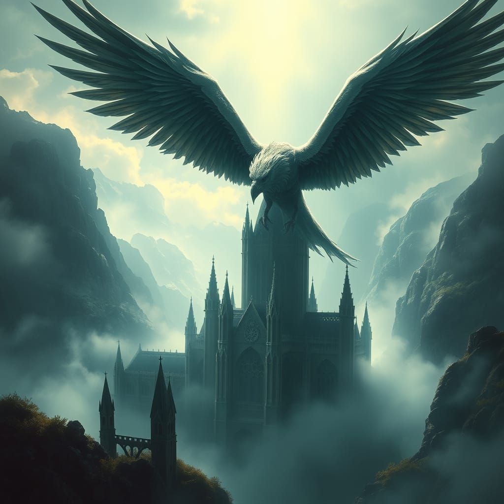 Griffin Soaring Over Gothic Cathedral in Dark Fantasy Style