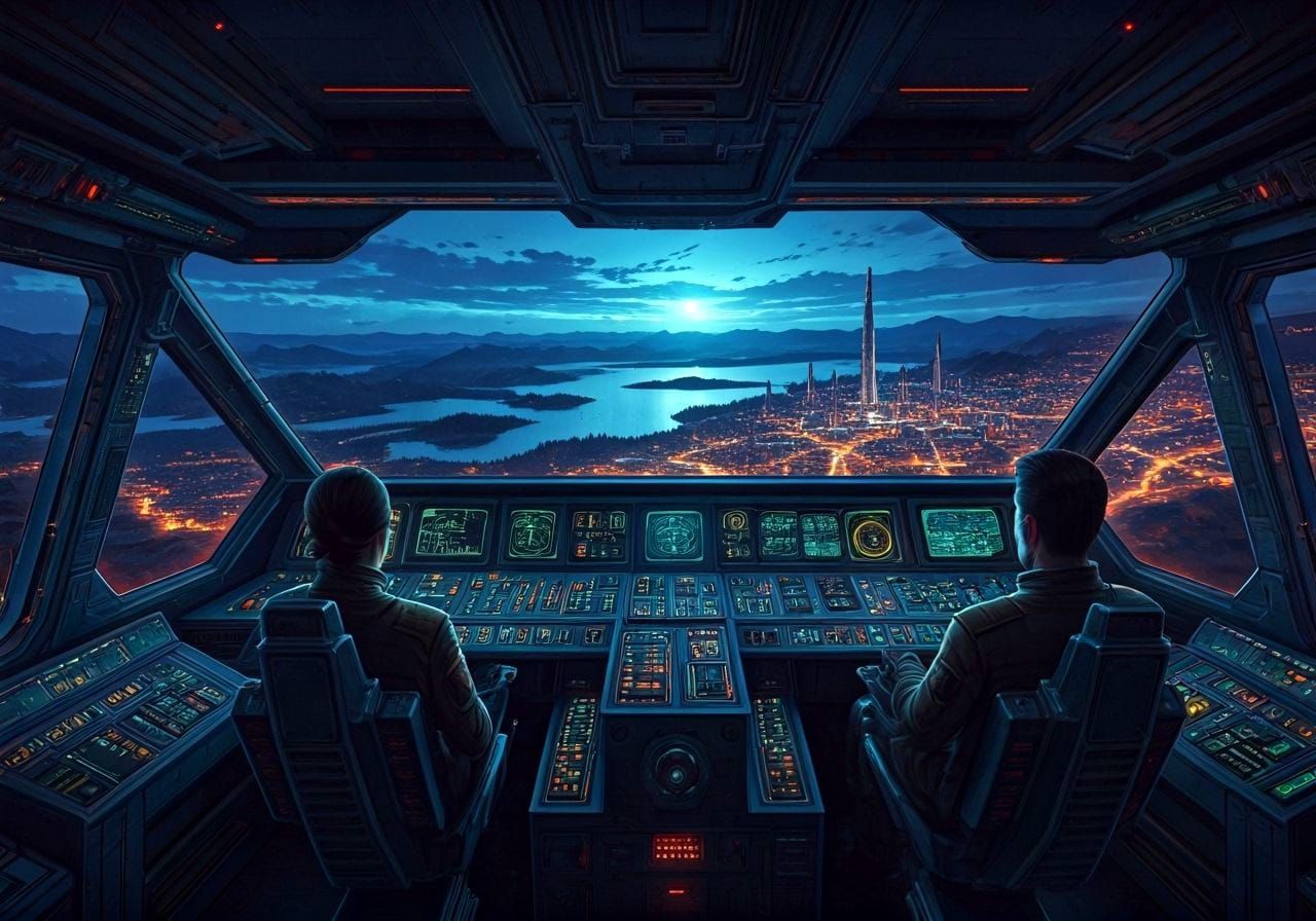 Futuristic Spaceship Cockpit with Crew Overlooking Alien Pla...
