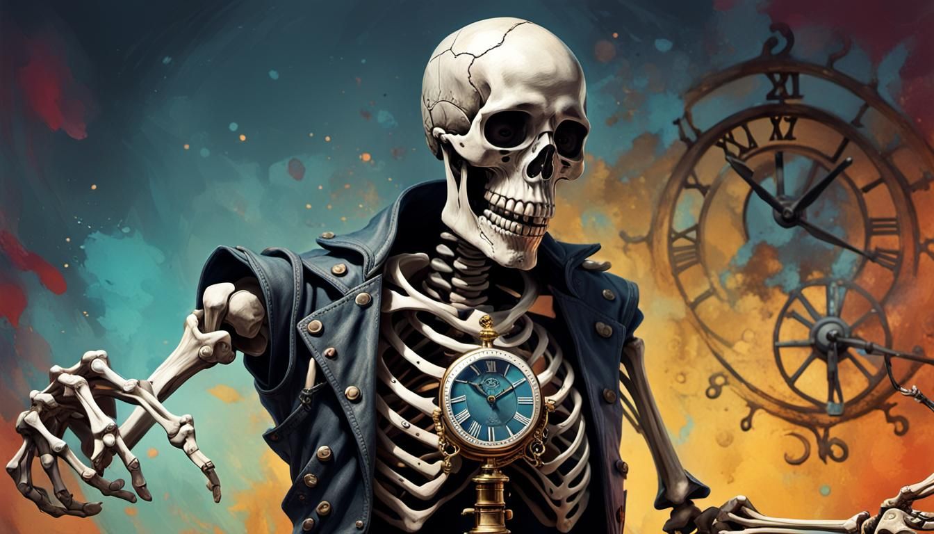 Skeleton with Clock in Hyperrealistic Splash Art