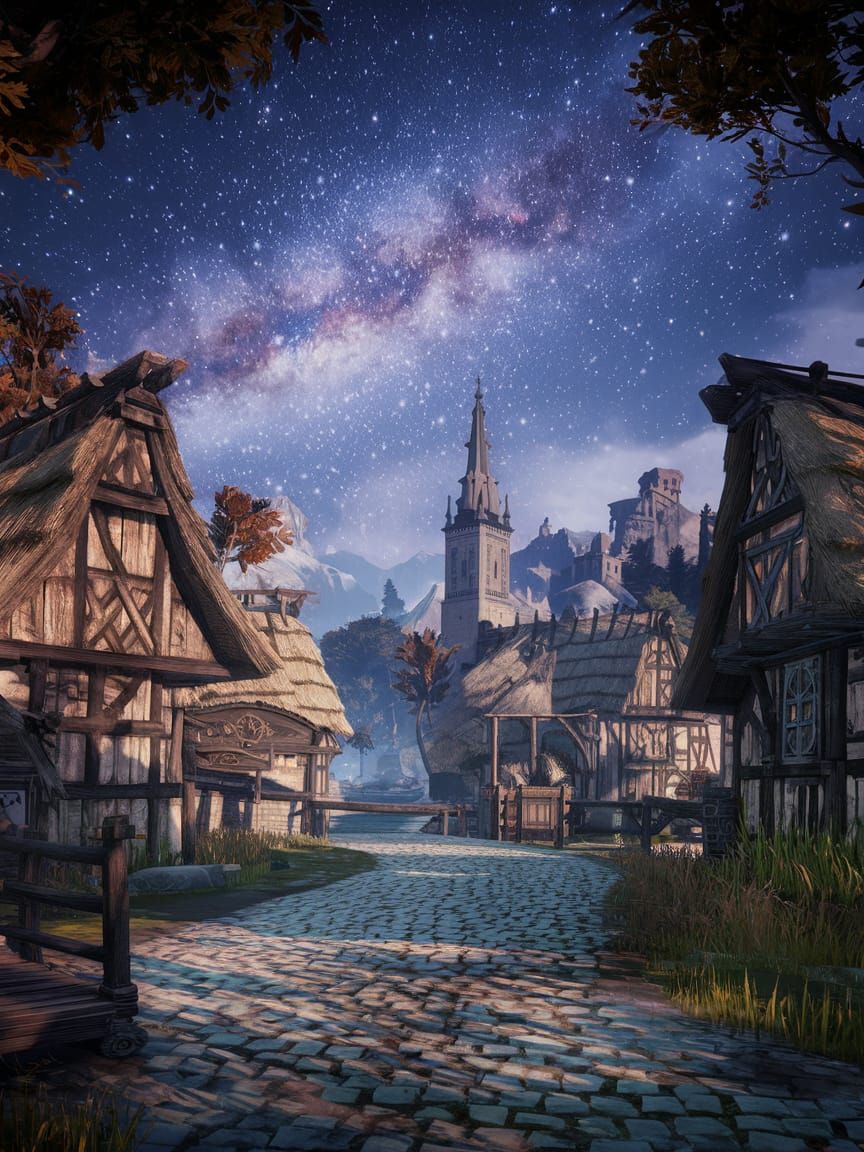 Starry Night Over Medieval Village: Matte Painting