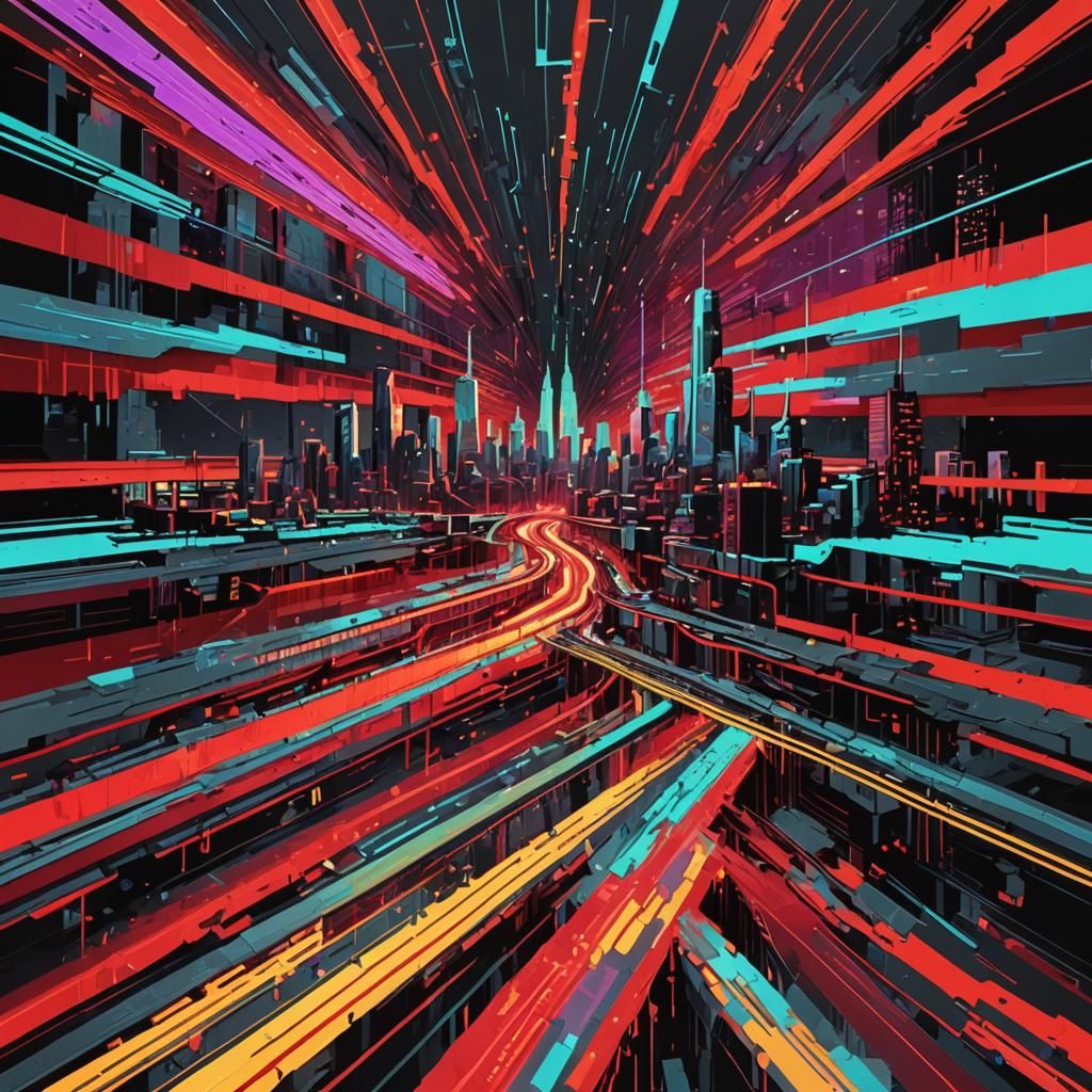Glitched Neofuturistic Cityscape in Surrealist Style