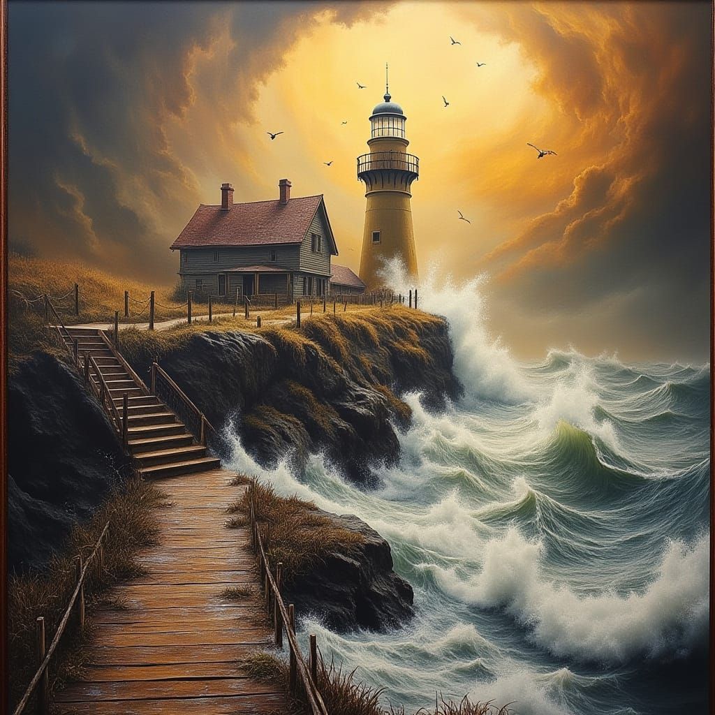 A swirling golden autumn ocean scene separates a misty, isol...