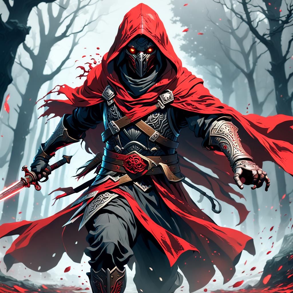 Red Hooded Figure Running with Sword