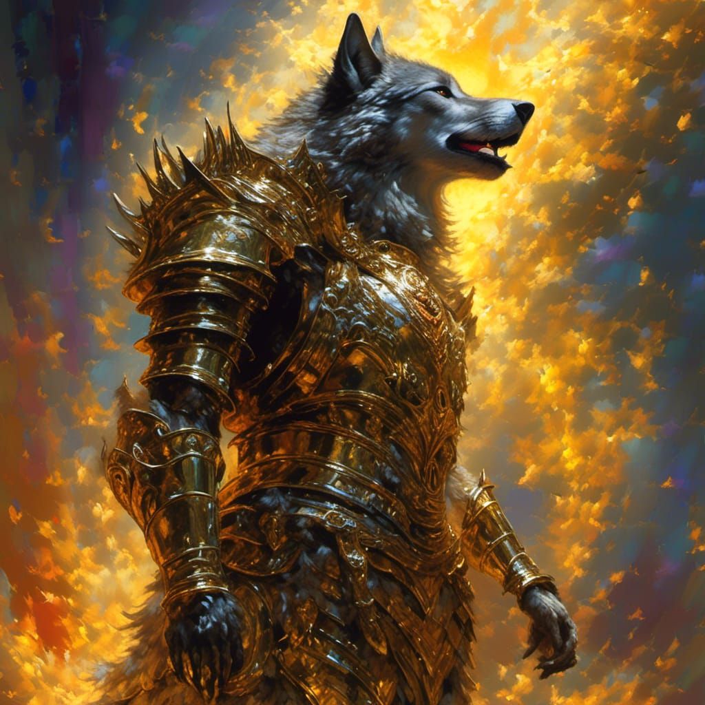 Armored Black Wolf in Firelight: Hyperrealistic Concept Art