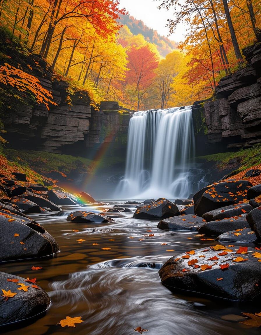 Majestic Autumn Waterfall in Golden Light
