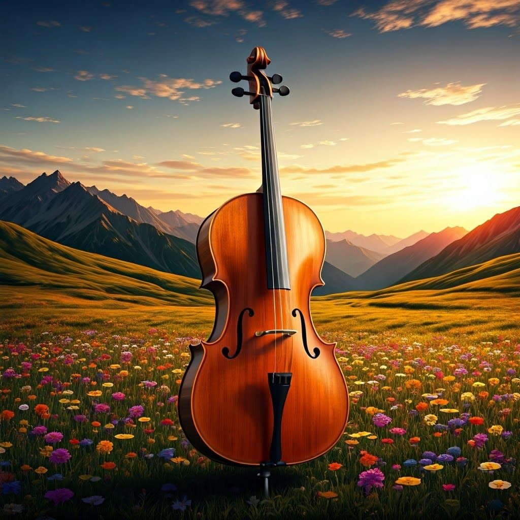 Majestic Cello in Vibrant Mountain Landscape