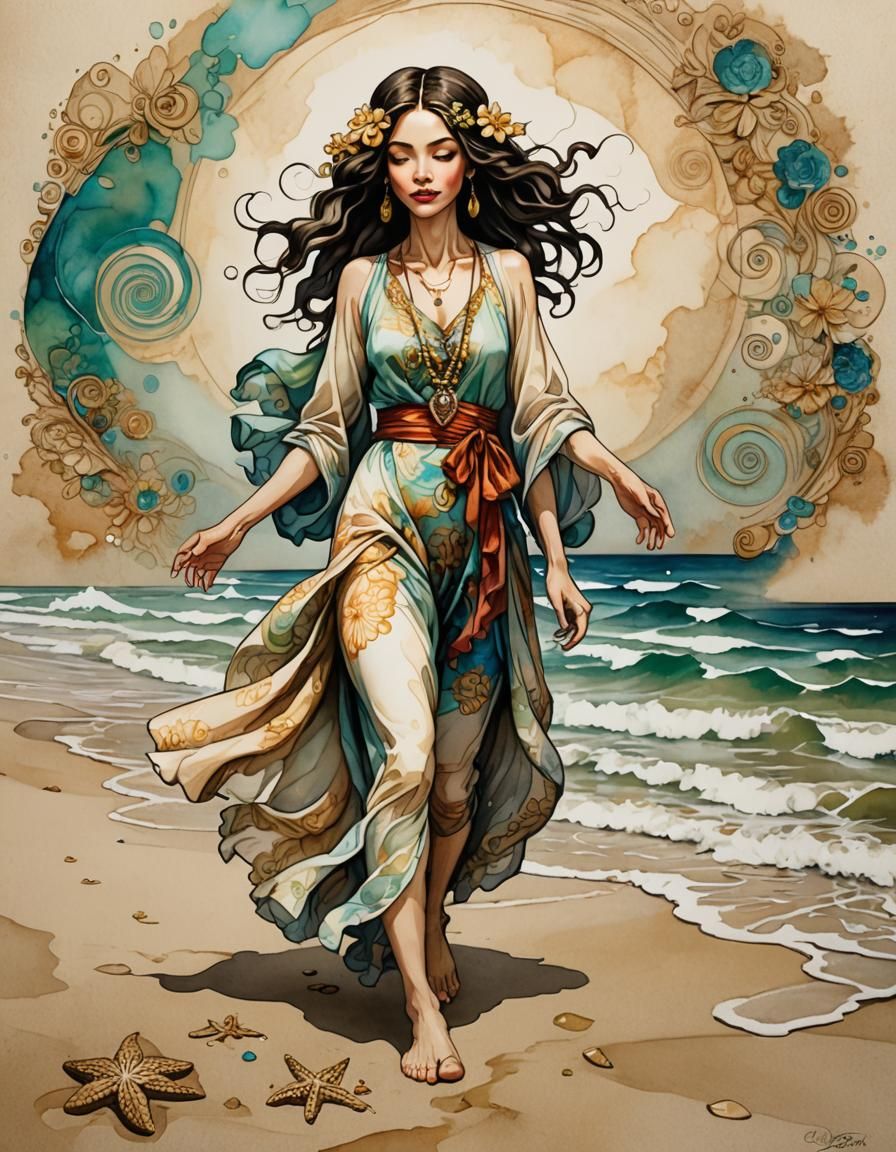 Barefoot Hippie on Beach in Watercolor Illustration