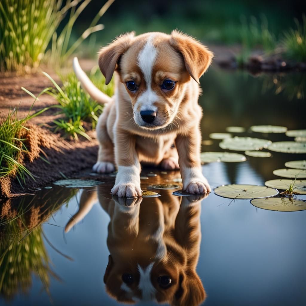 Adorable Puppy and Pond Reflection in Photo Quality