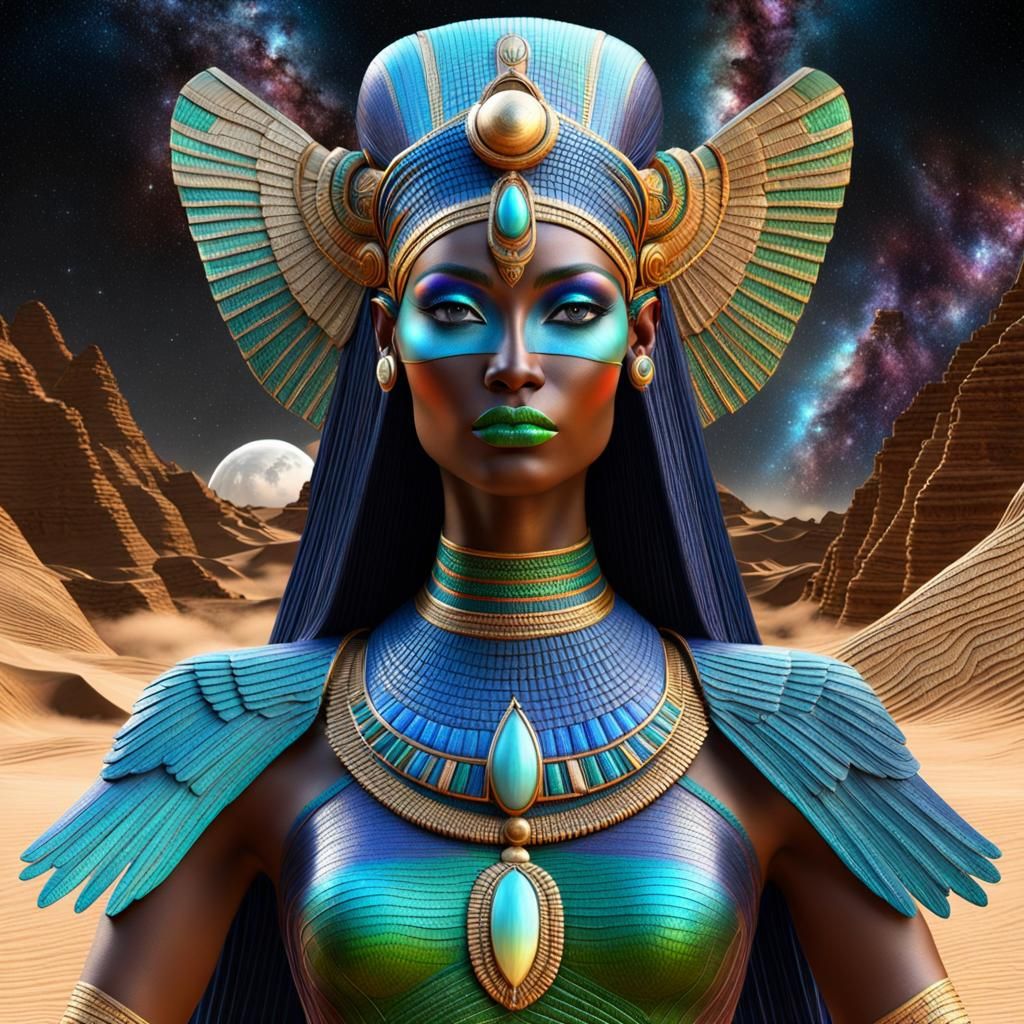 Chamanne, hyperréaliste, 3 d, photographique hyper détaillé, transparent, femme nephthys coloré, fantaisie, fantastique,...