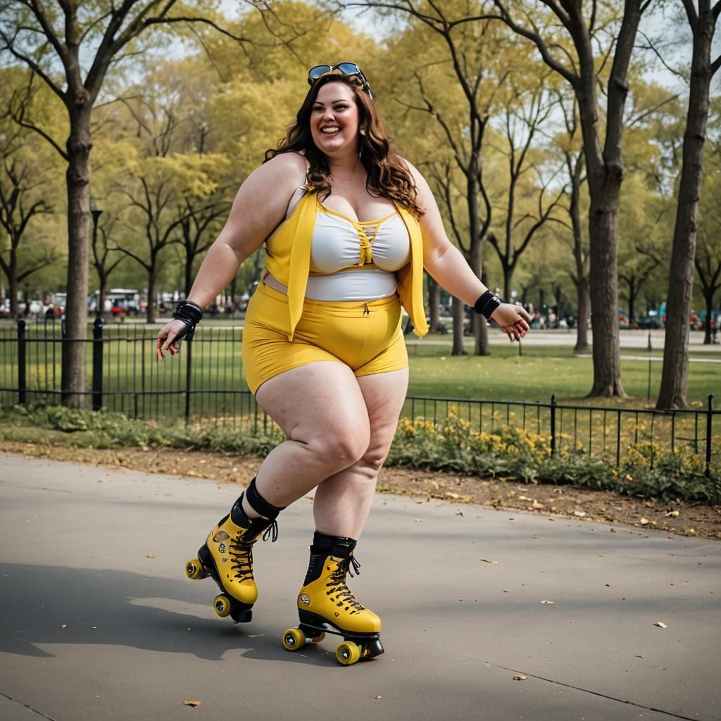 Curvy Woman Roller Skating in City Park