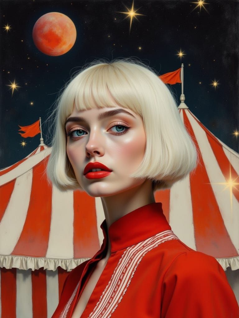 Surreal Woman Beneath Red Planet and Stars