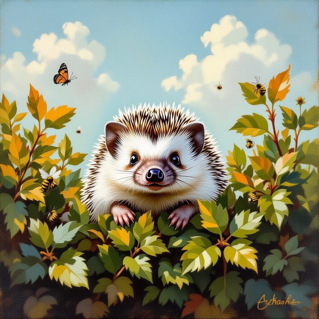 Hedgehog Peeking Through Bushes as Oil Painting