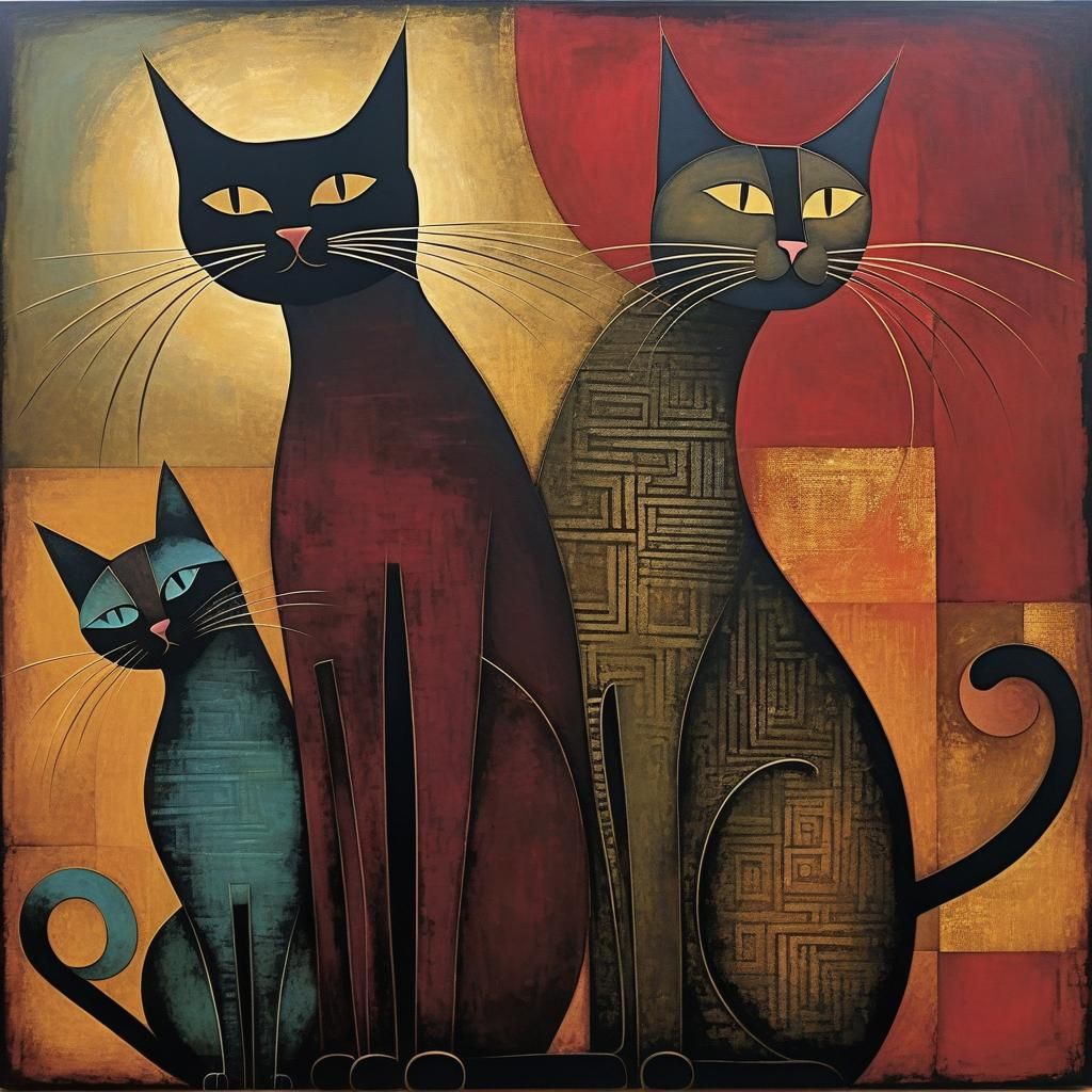 Three Beautiful Cats in Somber Art Brut Style