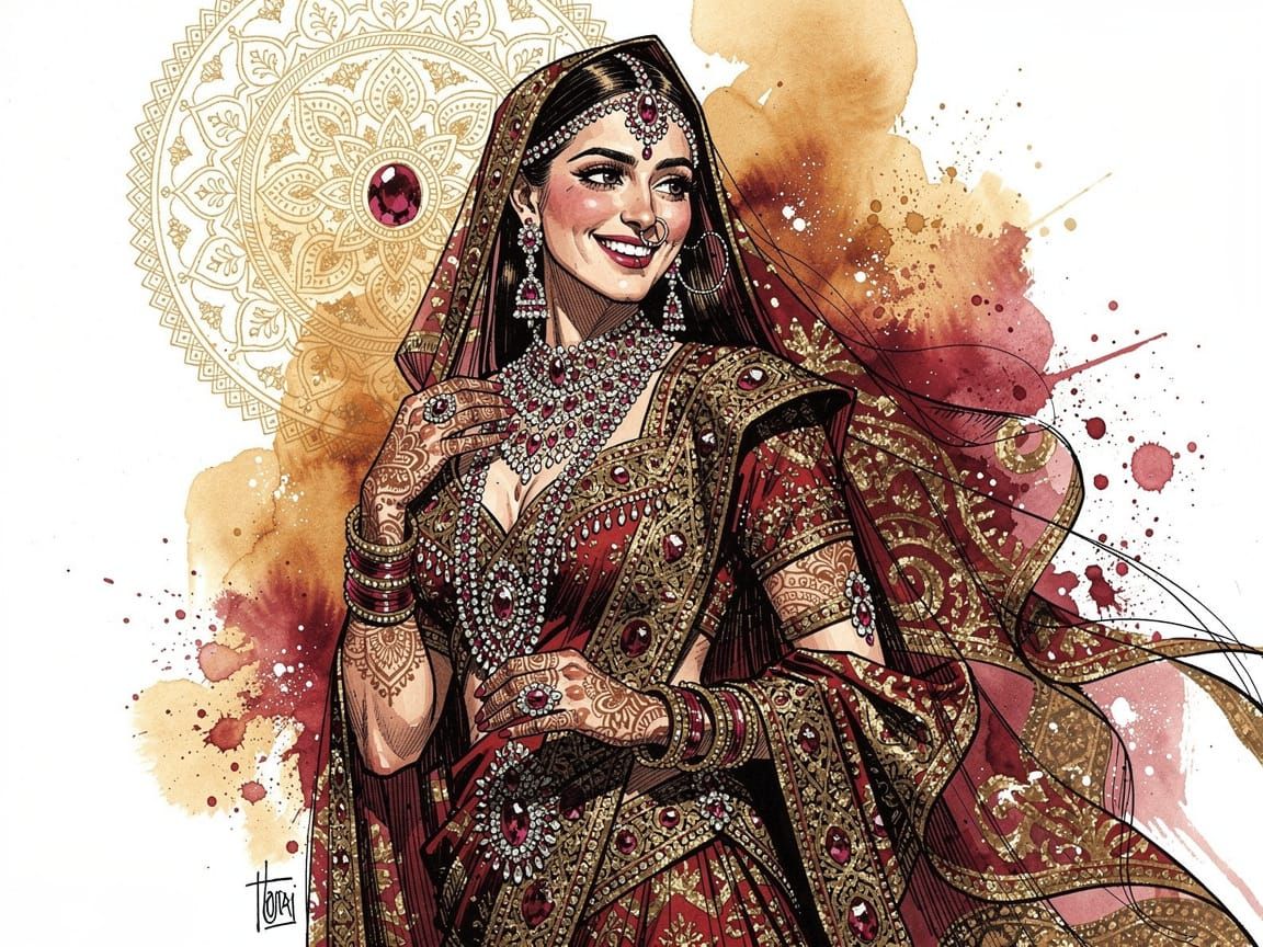 Joyful Indian Princess Adorned with Ruby Jewels