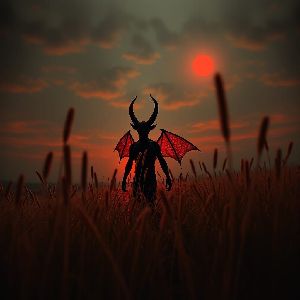 Surreal Devil in Grass at Red Dawn