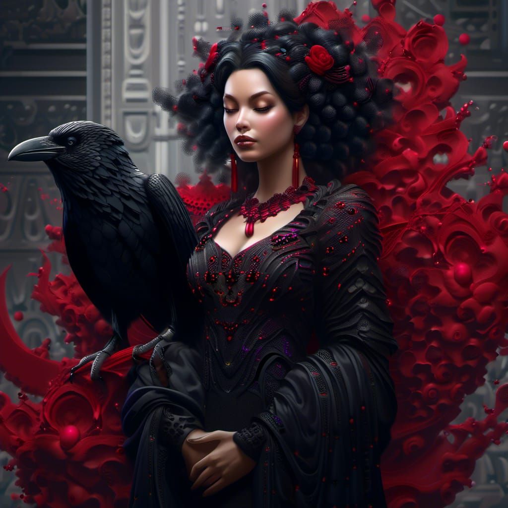Goddess with Raven in Surreal Dark Art Style