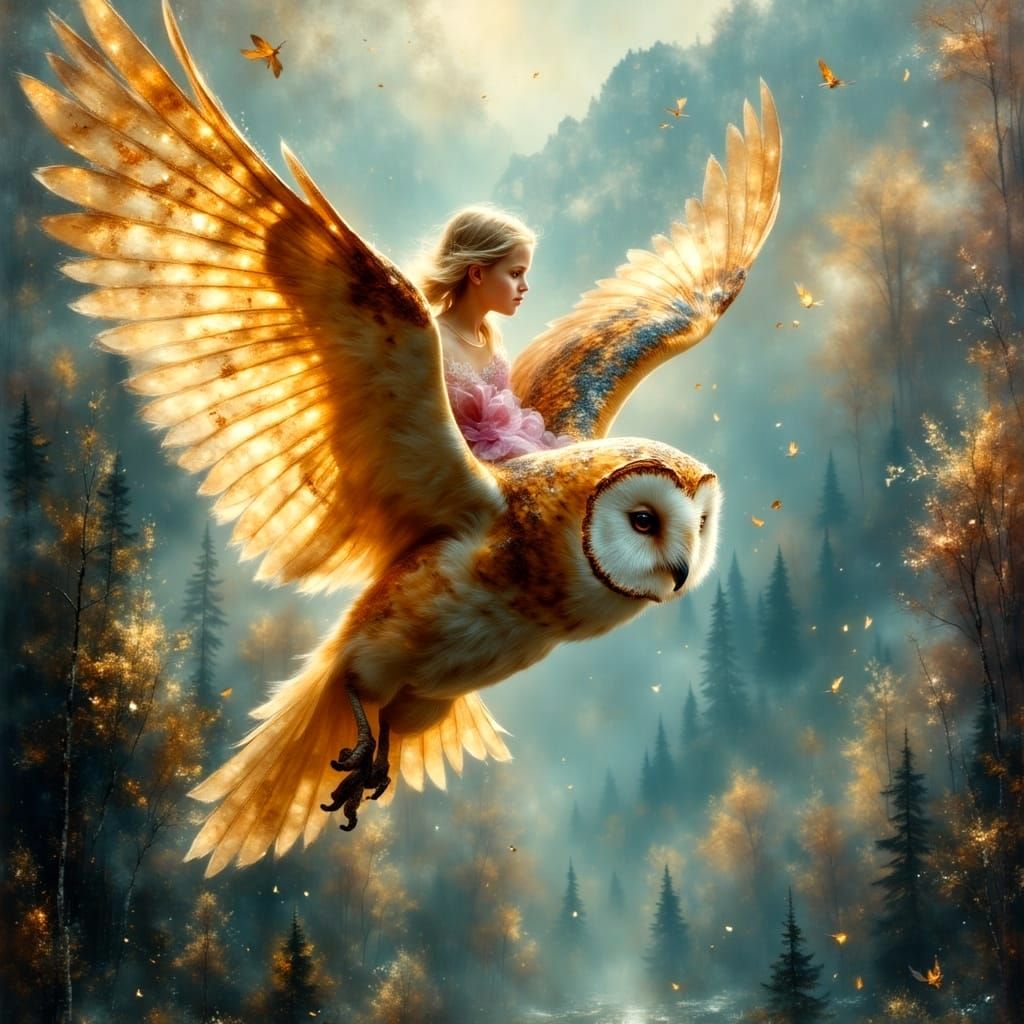 Ethereal Girl and Majestic Barn Owl Soar Through Enchanted F...
