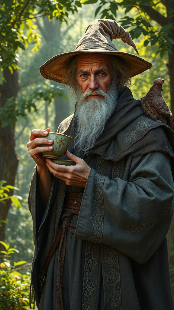 Wise Wizard Cleric Stroll in Mystical Forest