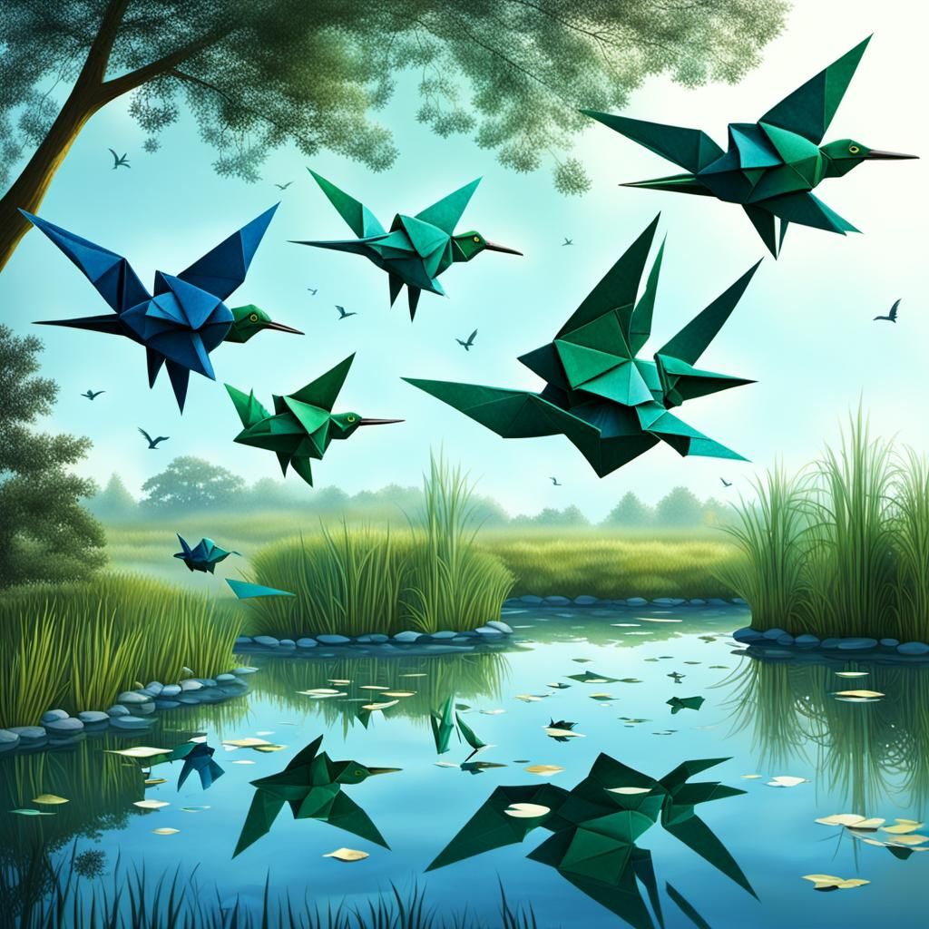 Birds Singing by Pond with Steampunk Engine