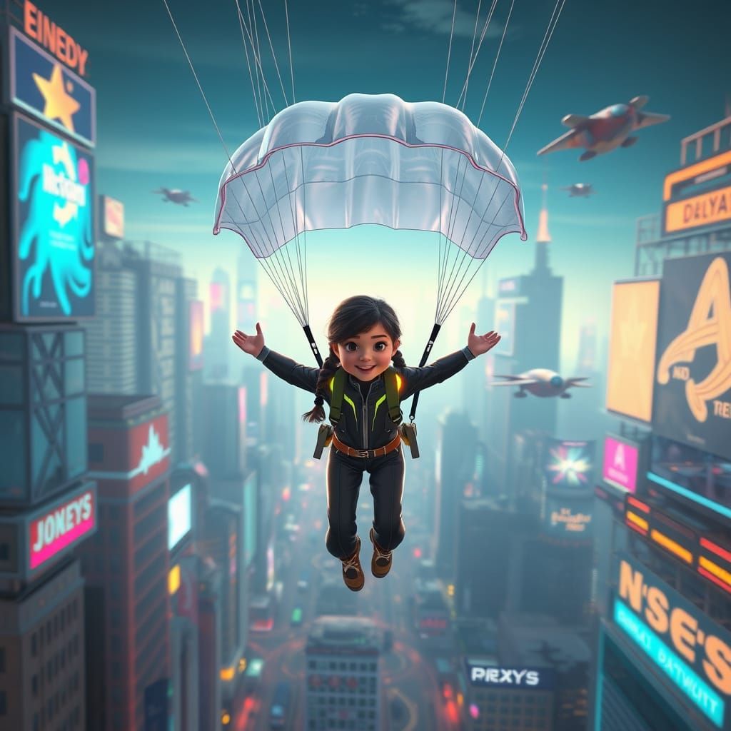 Girl Parachuting in Futuristic Cityscape, Pixar Style