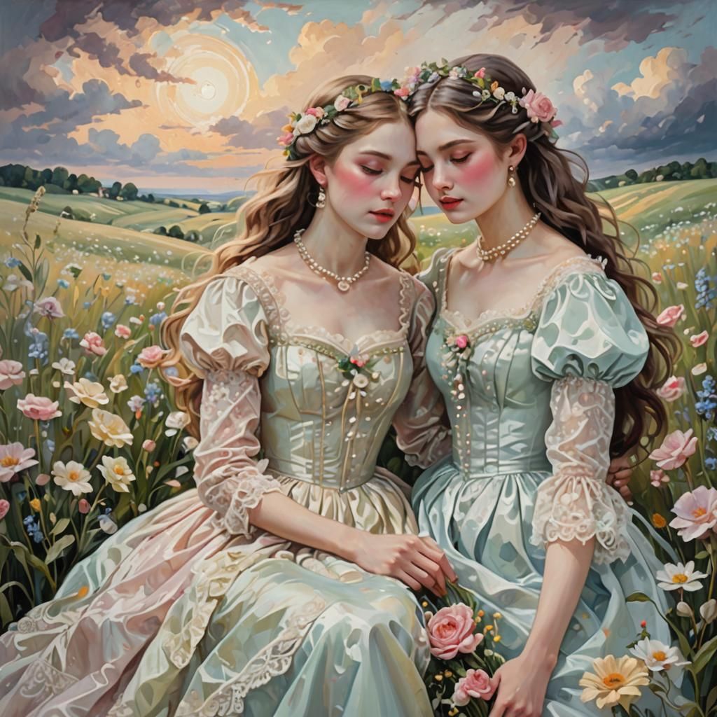 Pastel Meadow Embrace with Swirling Clouds