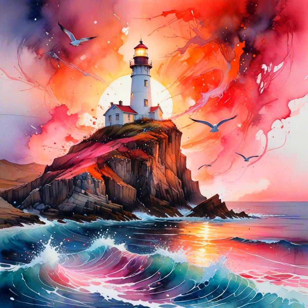 Lighthouse at Dusk in Vibrant Watercolour Style