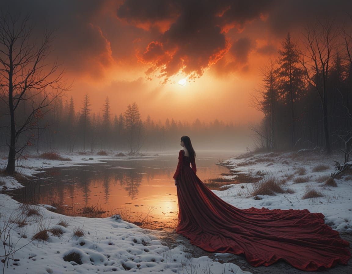 Ethereal Woman in Red Gown, Set Amidst Moody Forest