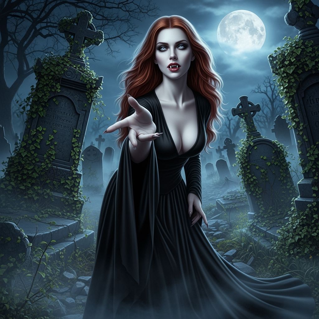 Vampire Queen Beckons From Moonlit Cemetery