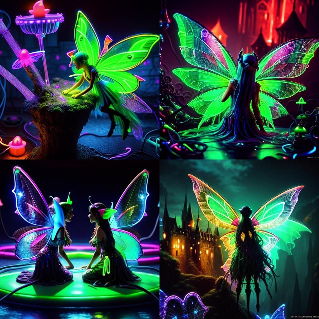 Medieval Castle with Neon Fairies Fantasy Art