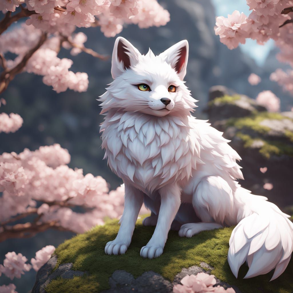 Surreal Anime Fox in Cherry Blossoms Macro Art