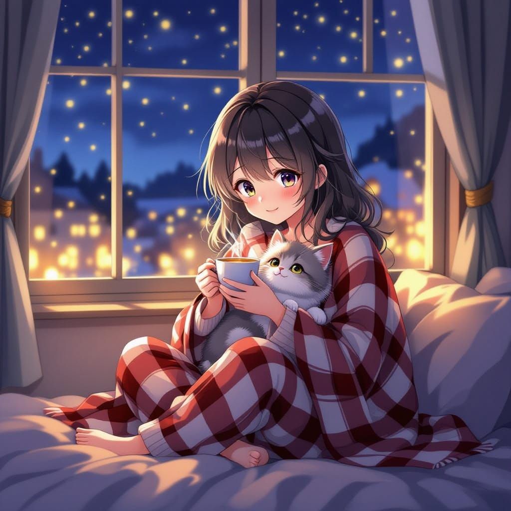 Cozy Anime Scene: Woman with Kitten and Tea