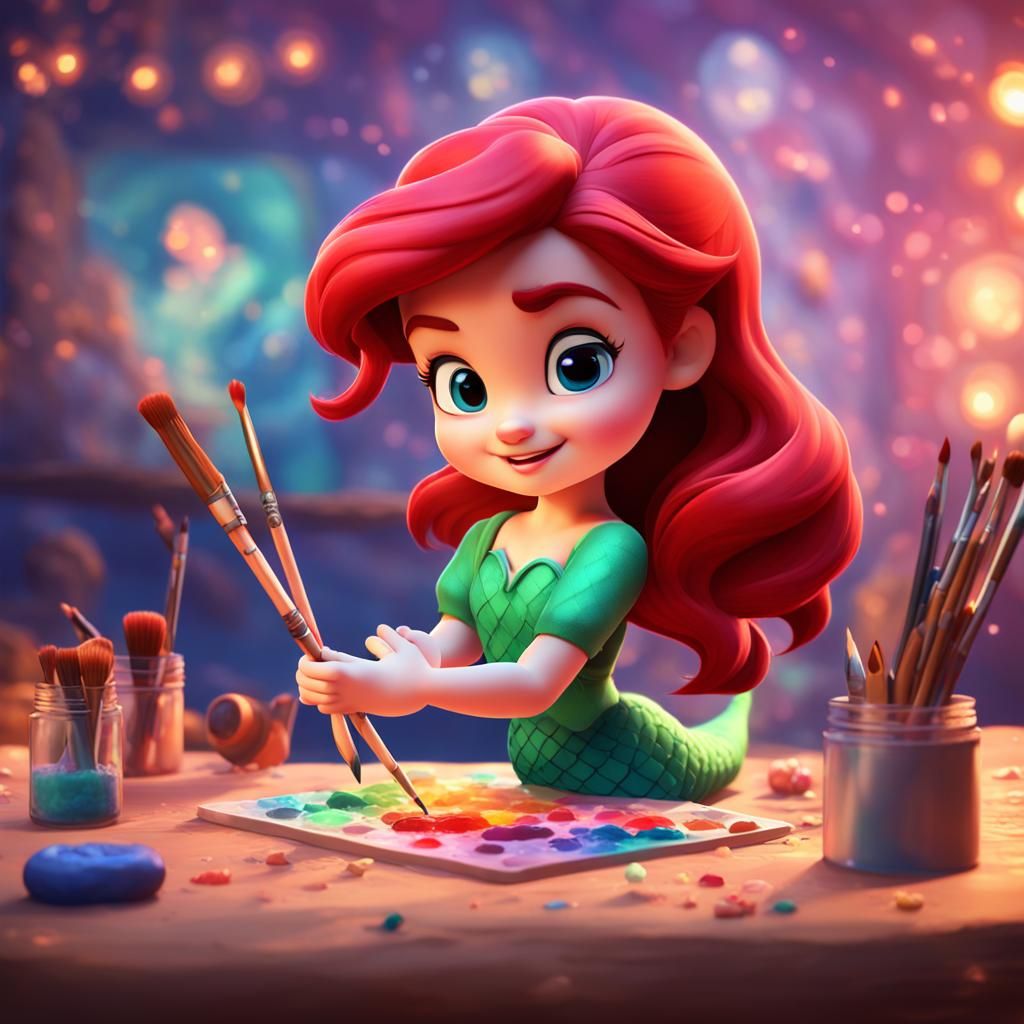 Cute Chibi Ariel Painting a Masterpiece in 3D