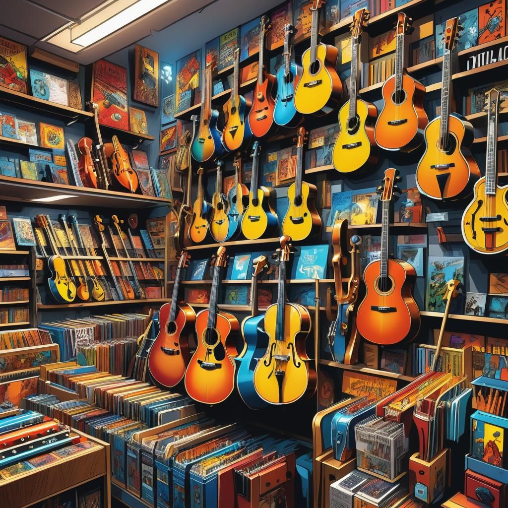 Musical Instruments in a Vibrant Comic Book Store