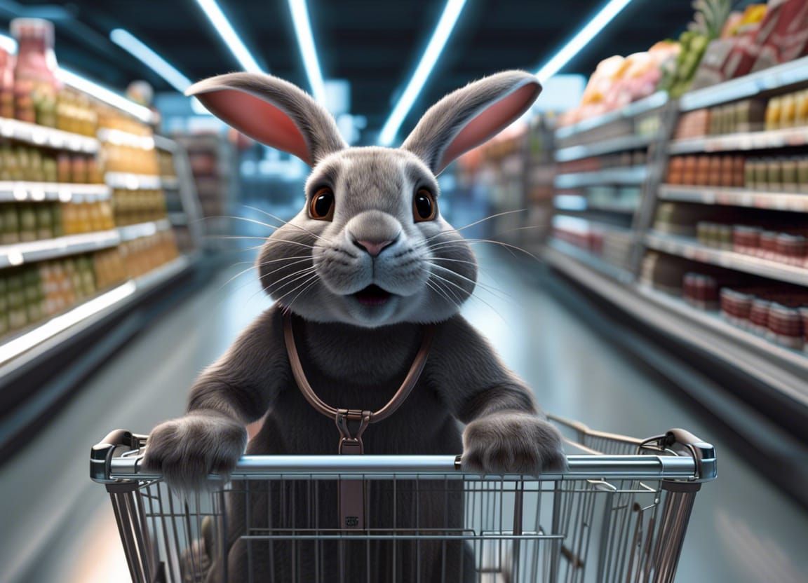 Anthropomorphic Bunny Pushing Trolley, Hyperrealistic 3D Ren...
